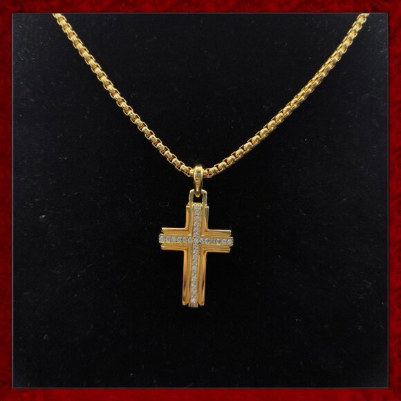 David Yurman Gold Cross Diamond Necklace - Picture 1 of 9